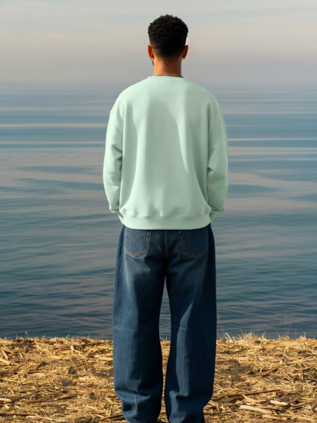 Solid Men Drop Shoulder Premium Terry Sweatshirt - Mint Green - Kurvy