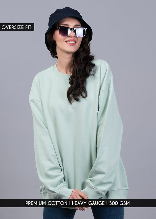 Solid Mint Green Women Drop Shoulder Terry Sweatshirt - Kurvy