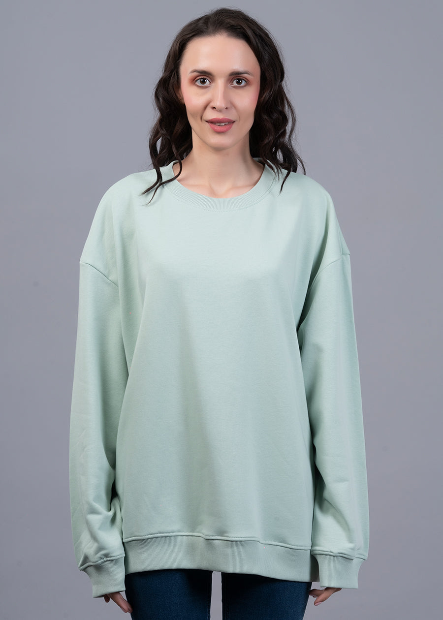 Solid Mint Green Women Drop Shoulder Terry Sweatshirt - Kurvy
