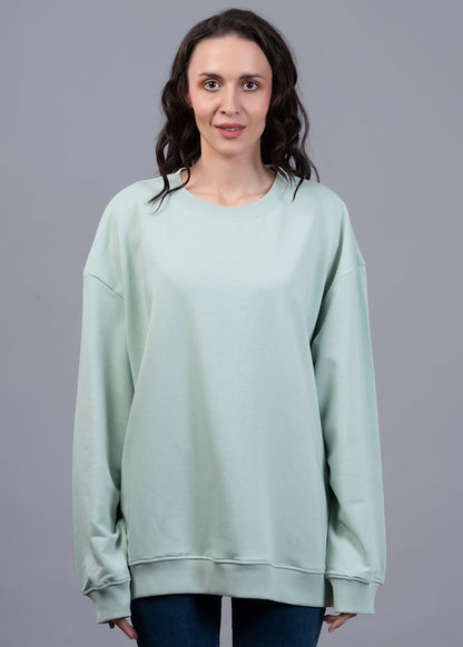 Solid Mint Green Women Drop Shoulder Terry Sweatshirt - Kurvy