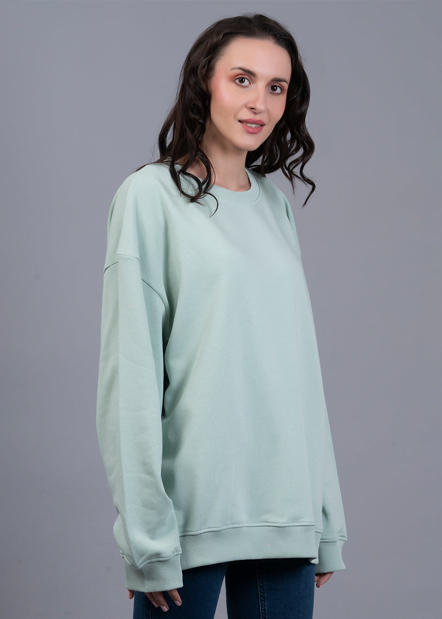 Solid Mint Green Women Drop Shoulder Terry Sweatshirt - Kurvy