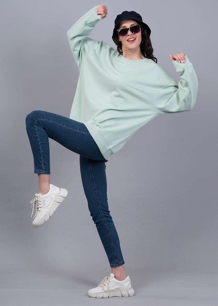 Solid Mint Green Women Drop Shoulder Terry Sweatshirt - Kurvy