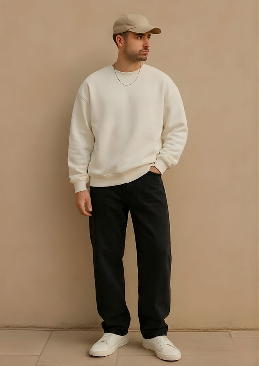 Solid Off White Men Drop Shoulder Premium Terry Sweatshirt - Kurvy