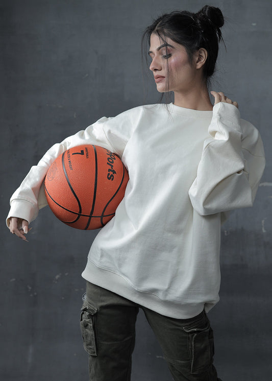 Solid Women Drop Shoulder Sweatshirt - Off White - Kurvy