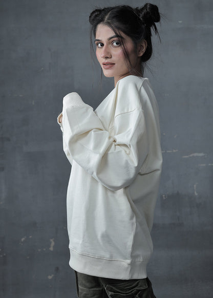 Solid Women Drop Shoulder Sweatshirt - Off White - Kurvy