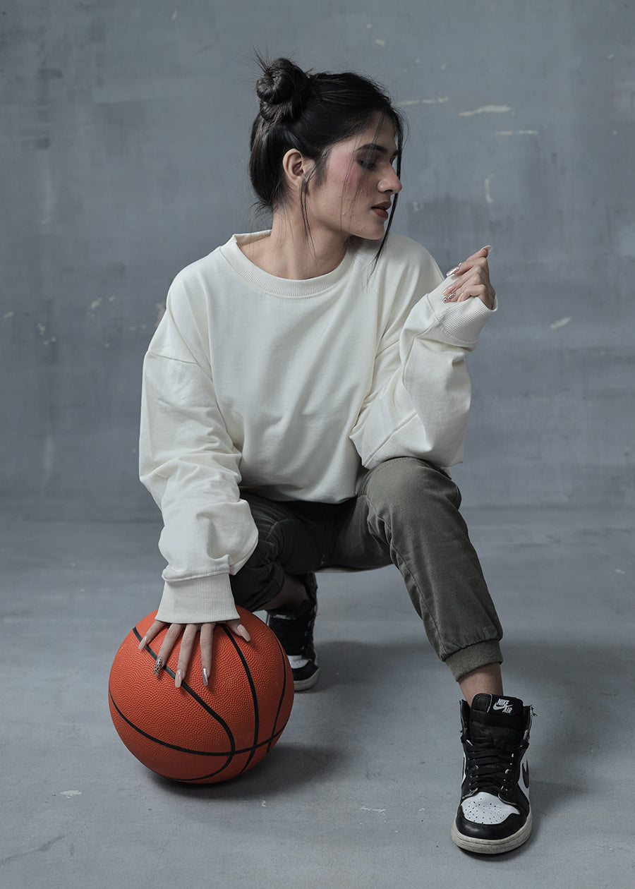 Solid Women Drop Shoulder Sweatshirt - Off White - Kurvy