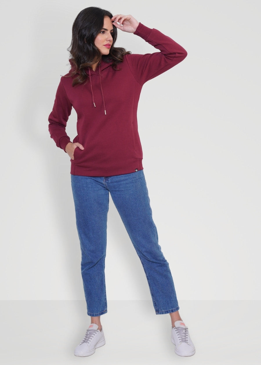 Wine Solid Hoodie Sweatshirt for Women - Kurvy