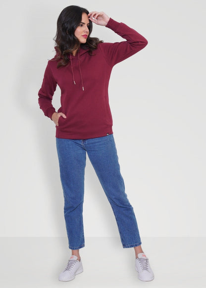 Wine Solid Hoodie Sweatshirt for Women - Kurvy