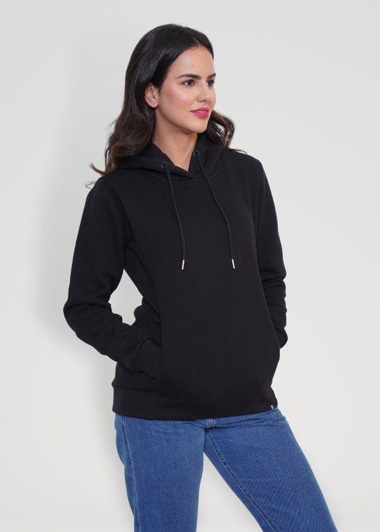 Women Fleece Hoodie Sweatshirt - Black - Kurvy