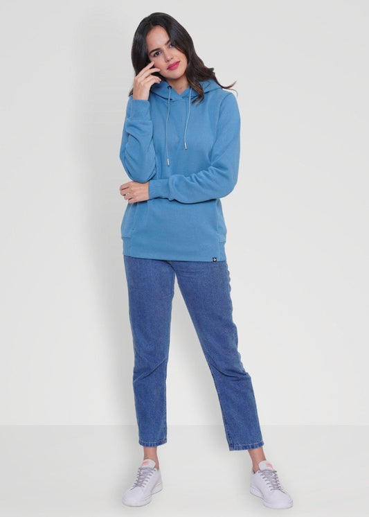 Women Fleece Hoodie Sweatshirt - Denim Blue - Kurvy
