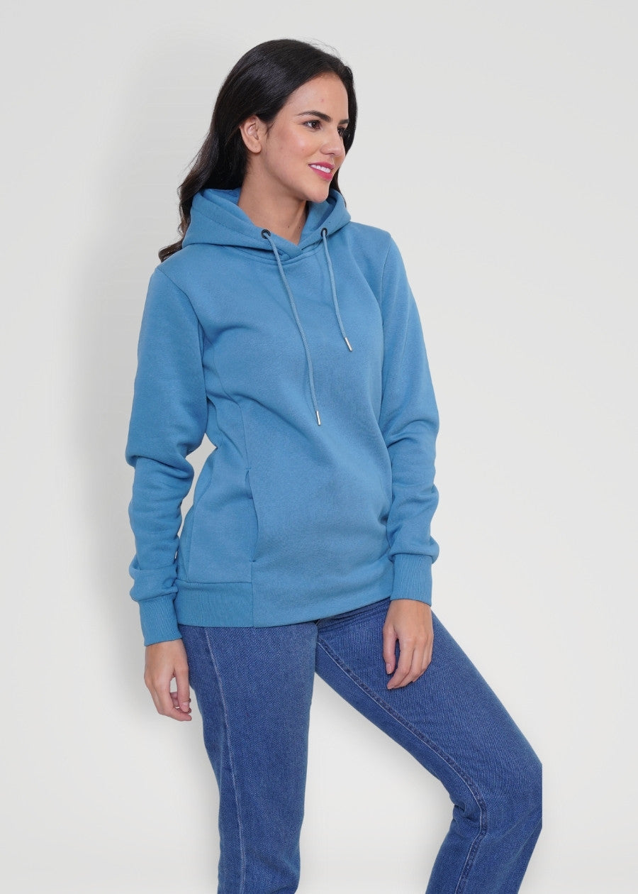 Women Fleece Hoodie Sweatshirt - Denim Blue - Kurvy