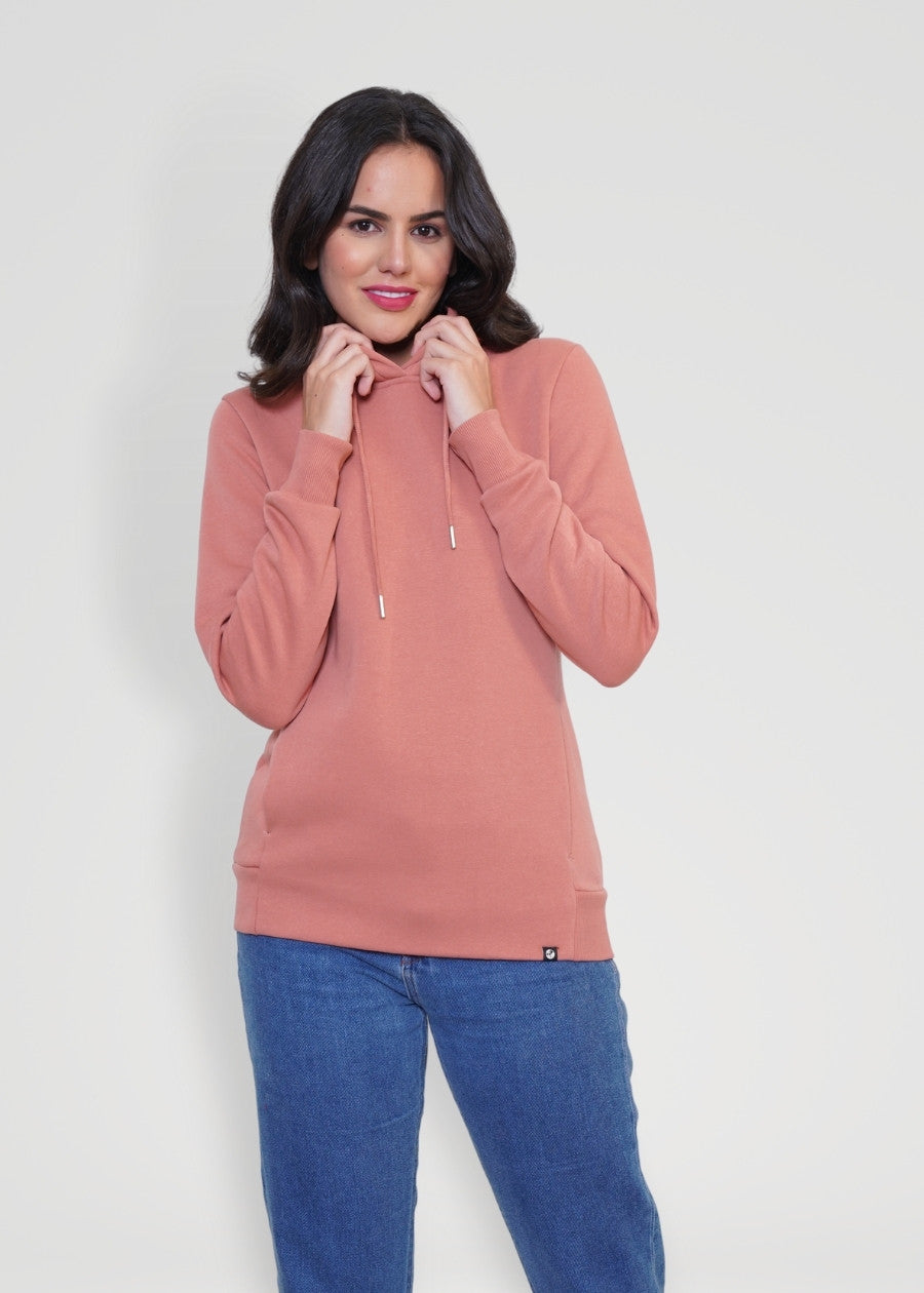 Women Fleece Hoodie Sweatshirt - Salmon Pink - Kurvy