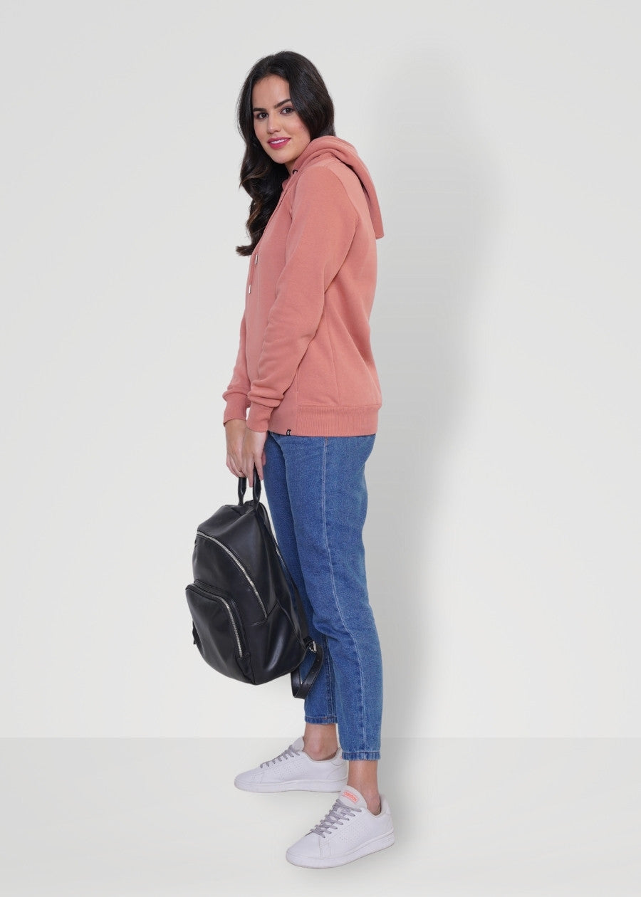 Women Fleece Hoodie Sweatshirt - Salmon Pink - Kurvy