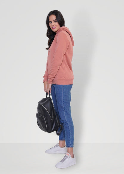 Women Fleece Hoodie Sweatshirt - Salmon Pink - Kurvy