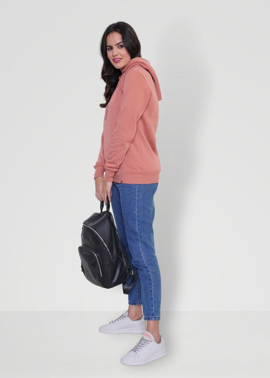 Women Fleece Hoodie Sweatshirt - Salmon Pink - Kurvy