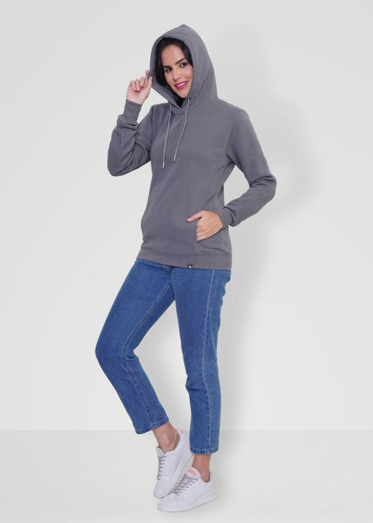 Women Fleece Hoodie Sweatshirt - Steel Grey - Kurvy