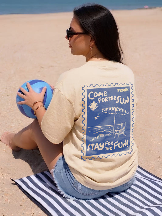 Beach Postcard Women Printed Oversized Printed T-Shirt  -  Kurvy Oversized T-Shirt