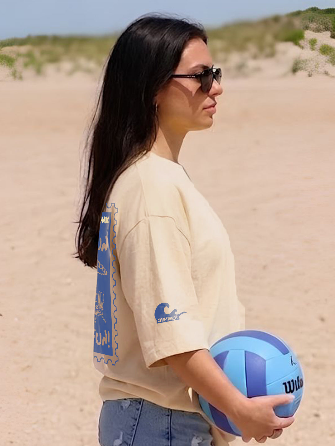 Beach Postcard Women Printed Oversized Printed T-Shirt  -  Kurvy Oversized T-Shirt