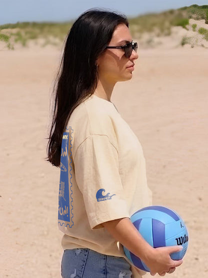 Beach Postcard Women Printed Oversized Printed T-Shirt  -  Kurvy Oversized T-Shirt