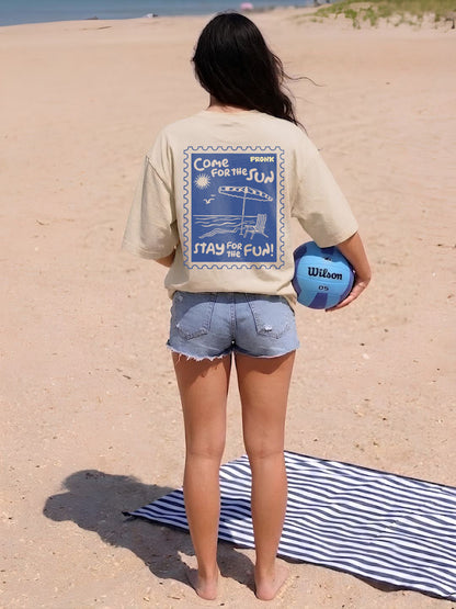 Beach Postcard Women Printed Oversized Printed T-Shirt  -  Kurvy Oversized T-Shirt