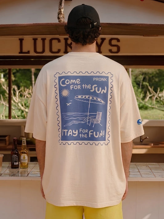 Beach Postcard Men Printed Oversized Printed T-Shirt  -  Kurvy Oversized T-Shirt