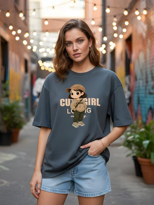 CUTE GIRL Women Graphic Oversized Printed T-Shirt  -  Kurvy Oversized T-Shirt