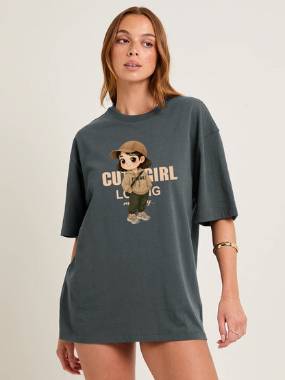 CUTE GIRL Women Graphic Oversized Printed T-Shirt  -  Kurvy Oversized T-Shirt