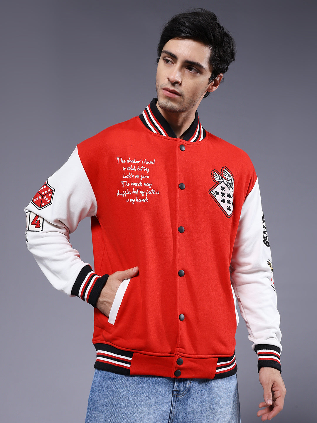 Cards Men Embroidered Varsity Bomber Jacket  -  Kurvy Jacket