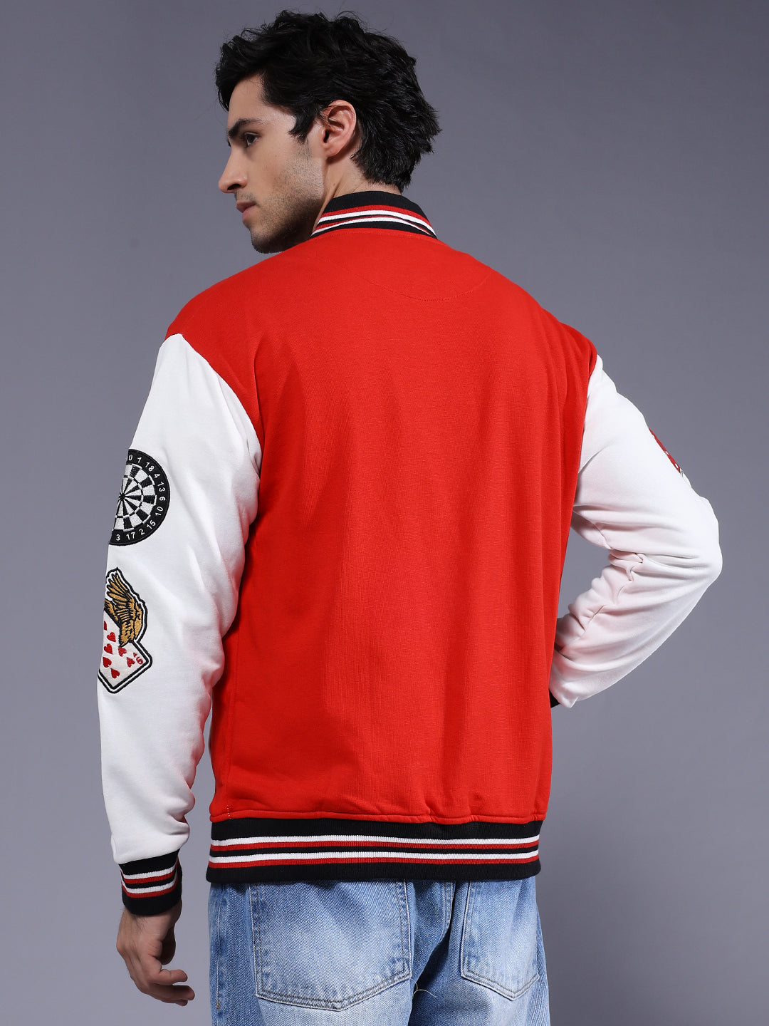 Cards Men Embroidered Varsity Bomber Jacket  -  Kurvy Jacket