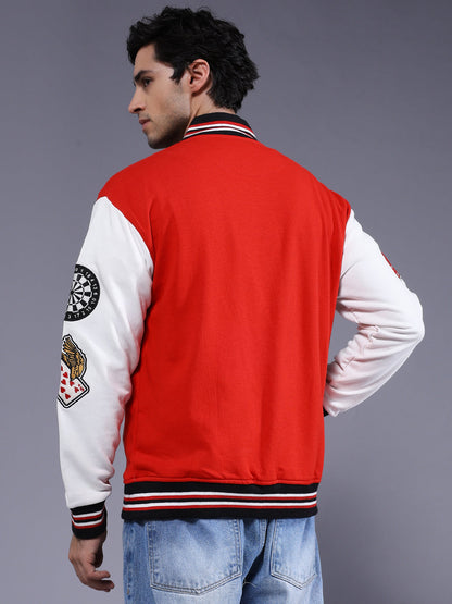 Cards Men Embroidered Varsity Bomber Jacket  -  Kurvy Jacket