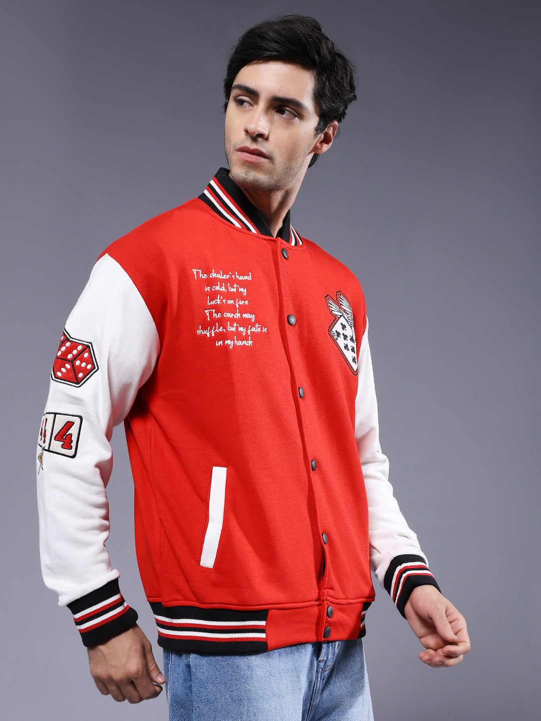 Cards Men Embroidered Varsity Bomber Jacket  -  Kurvy Jacket