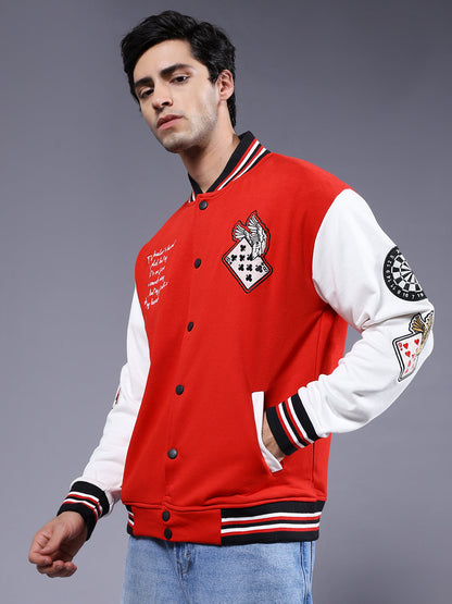 Cards Men Embroidered Varsity Bomber Jacket  -  Kurvy Jacket