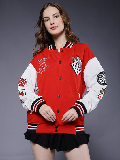 Cards Women Varsity Embroidered Bomber Jacket  -  Kurvy Jacket