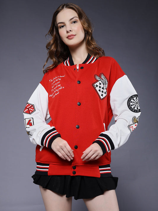 Cards Women Varsity Embroidered Bomber Jacket  -  Kurvy Jacket