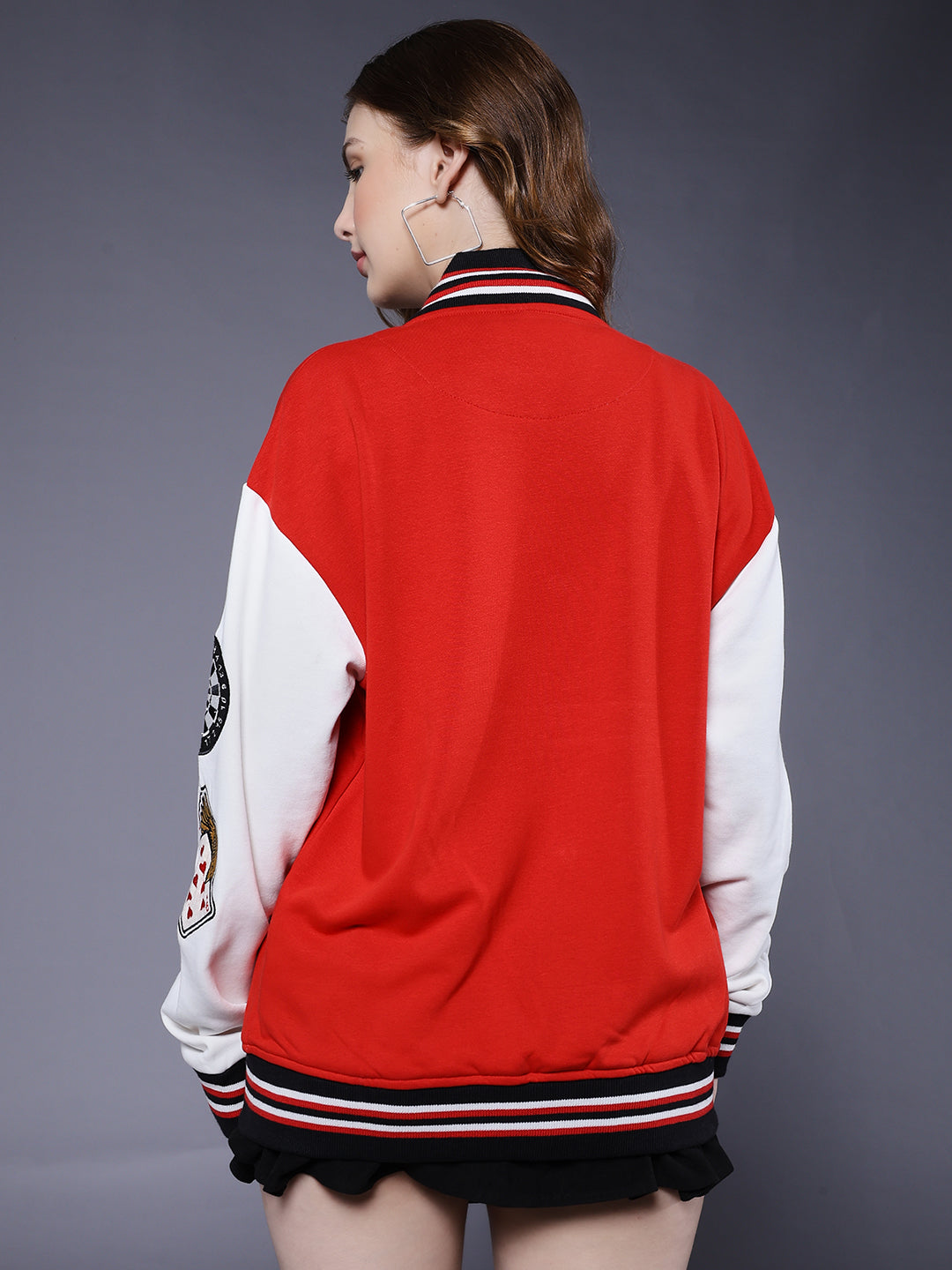 Cards Women Varsity Embroidered Bomber Jacket  -  Kurvy Jacket