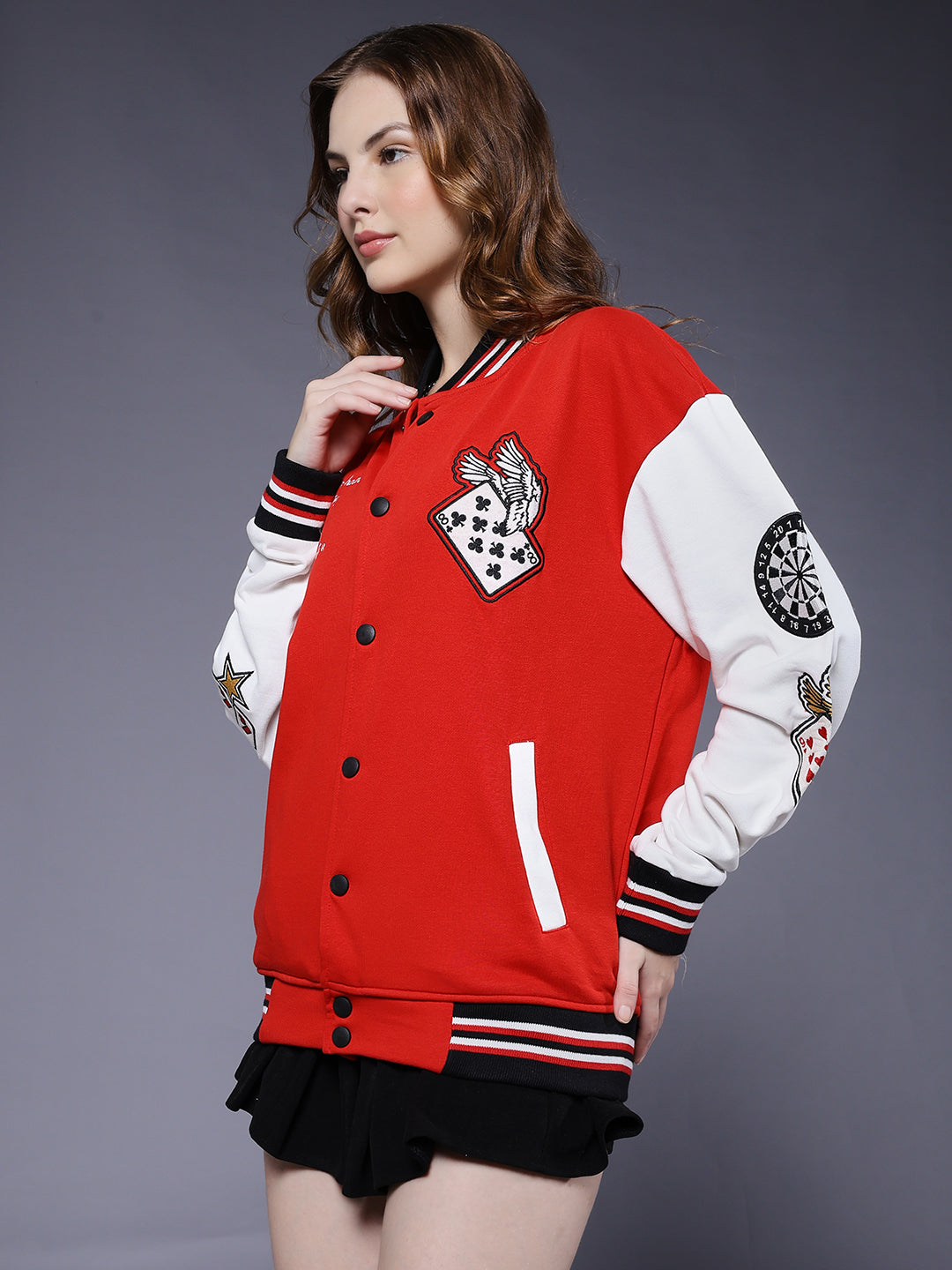 Cards Women Varsity Embroidered Bomber Jacket  -  Kurvy Jacket