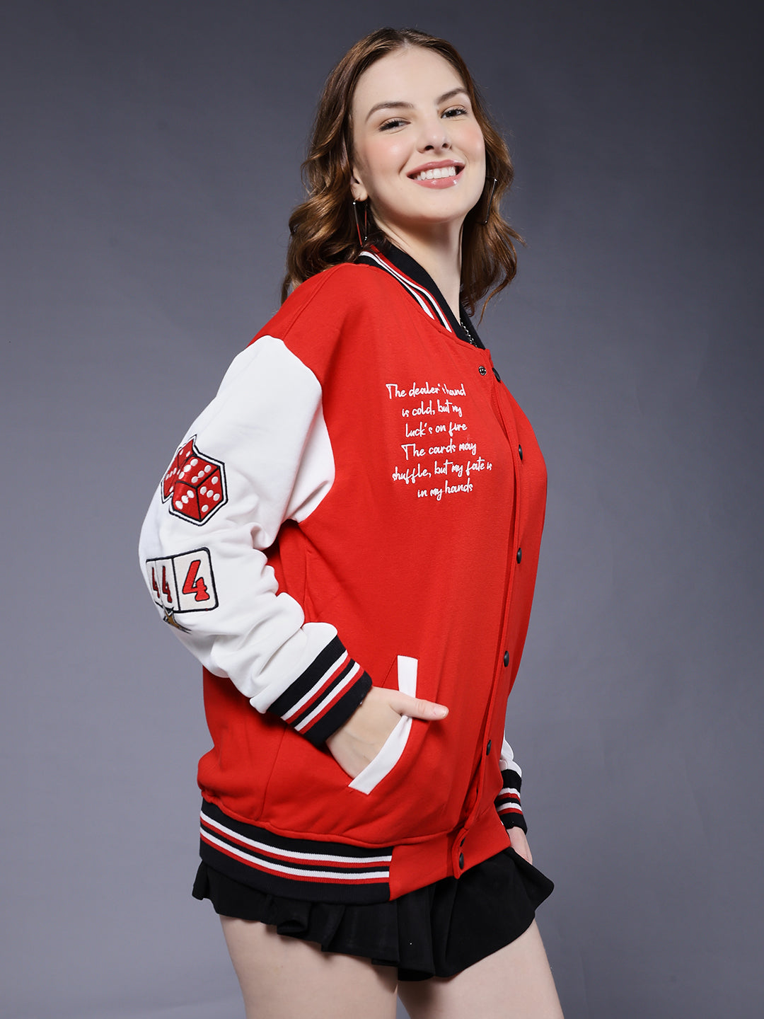 Cards Women Varsity Embroidered Bomber Jacket  -  Kurvy Jacket