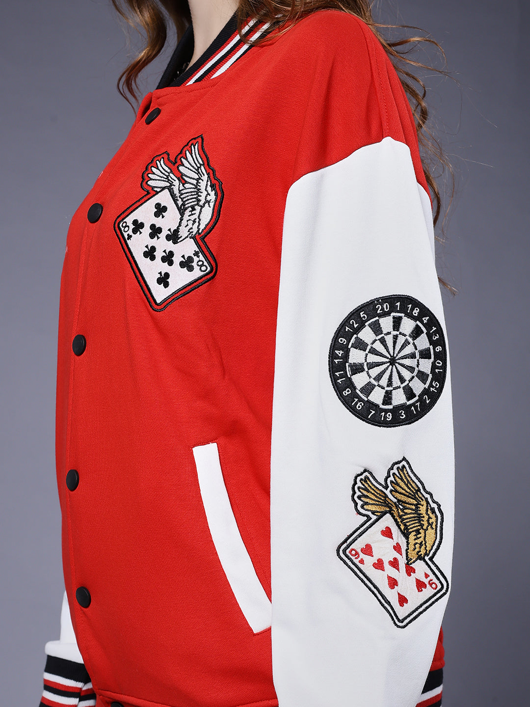Cards Women Varsity Embroidered Bomber Jacket  -  Kurvy Jacket