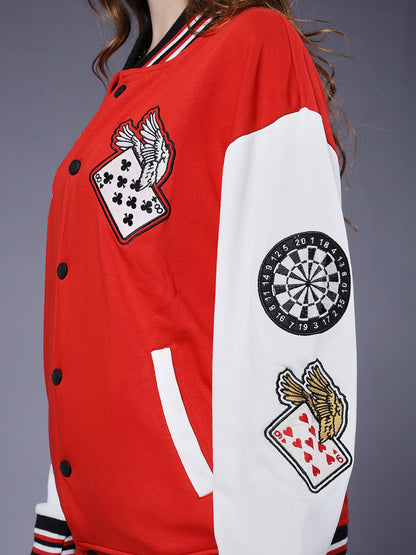 Cards Women Varsity Embroidered Bomber Jacket  -  Kurvy Jacket