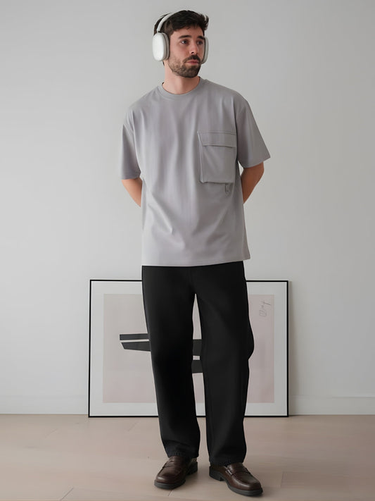 Cargo T-Shirt For Men - Ash Grey  -  Kurvy Oversized T-Shirt