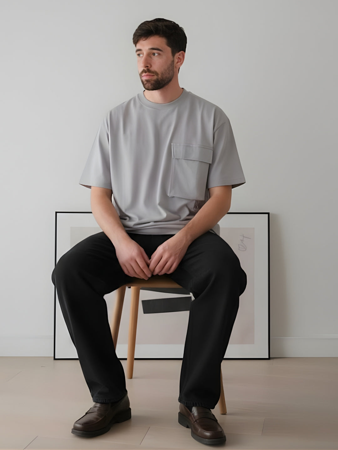 Cargo T-Shirt For Men - Ash Grey  -  Kurvy Oversized T-Shirt