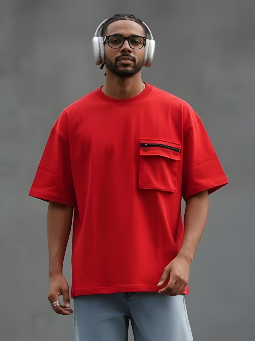 Cargo T-Shirt For Men - Candy Red  -  Kurvy Oversized T-Shirt