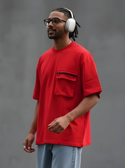Cargo T-Shirt For Men - Candy Red  -  Kurvy Oversized T-Shirt