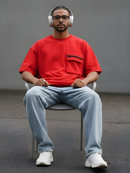 Cargo T-Shirt For Men - Candy Red  -  Kurvy Oversized T-Shirt