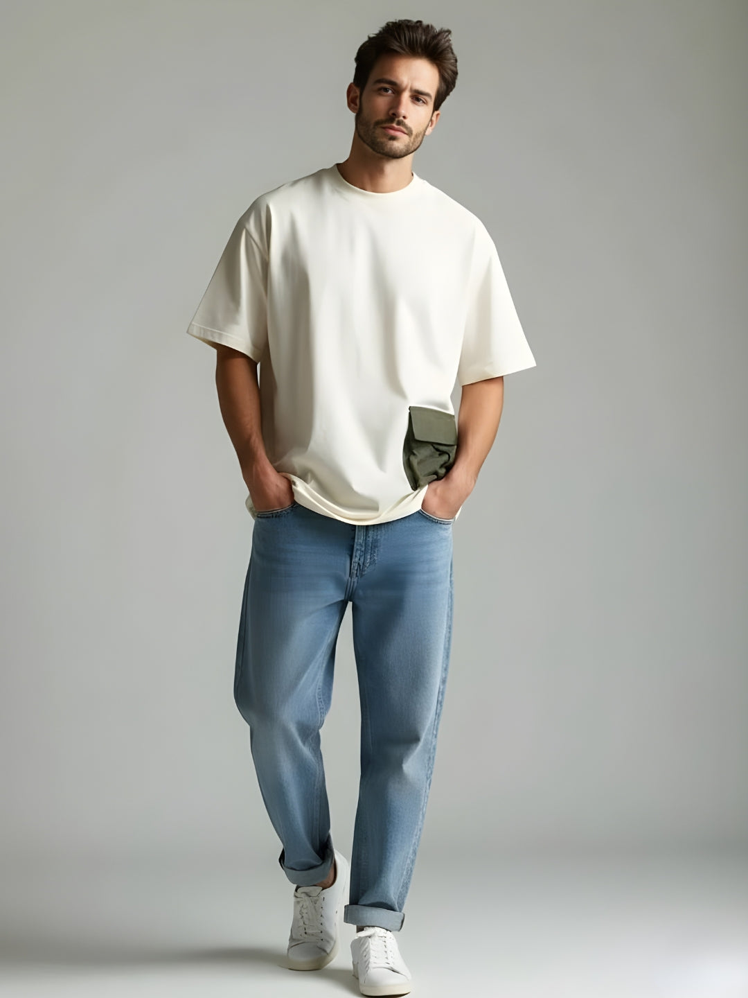 Cargo T-Shirt For Men - Off White  -  Kurvy Oversized T-Shirt