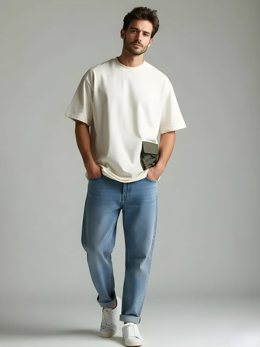 Cargo T-Shirt For Men - Off White  -  Kurvy Oversized T-Shirt