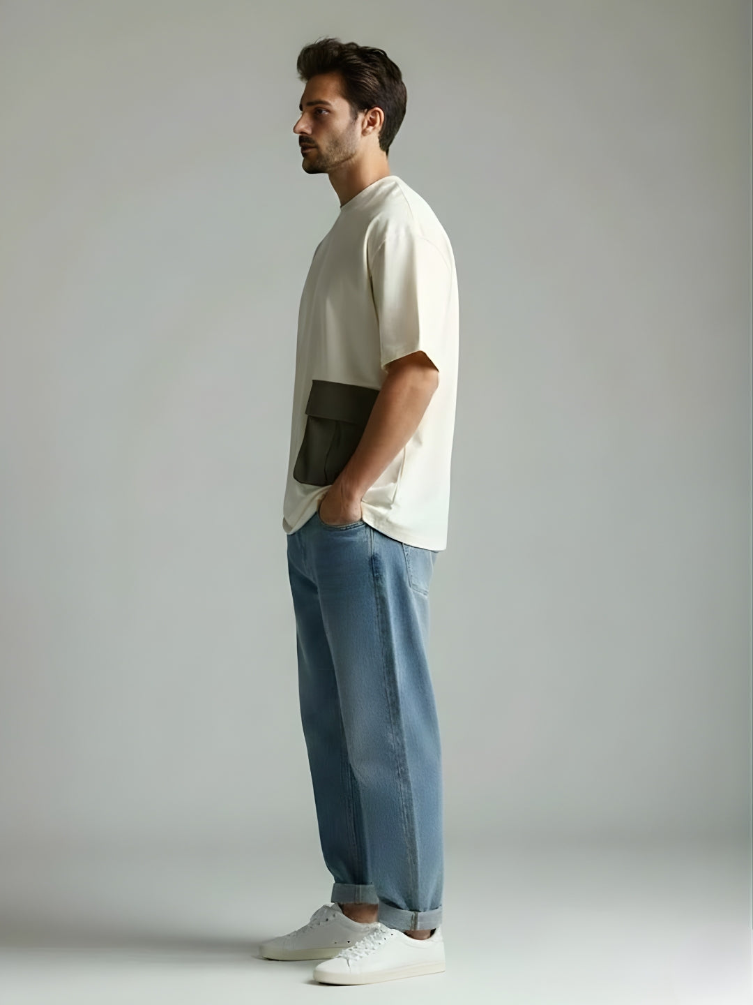 Cargo T-Shirt For Men - Off White  -  Kurvy Oversized T-Shirt