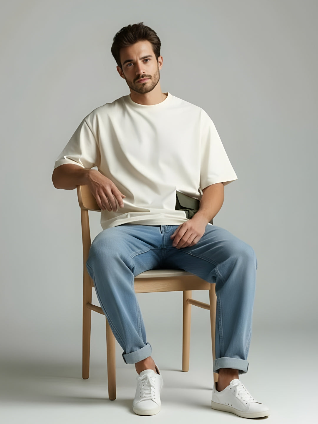 Cargo T-Shirt For Men - Off White  -  Kurvy Oversized T-Shirt