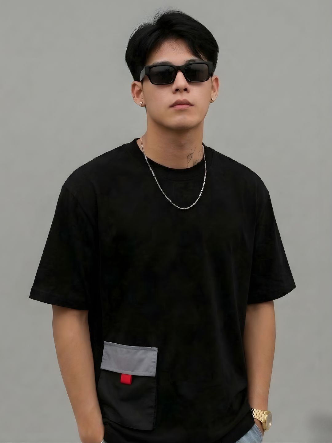 Cargo T-Shirt For Men -Black  -  Kurvy Oversized T-Shirt