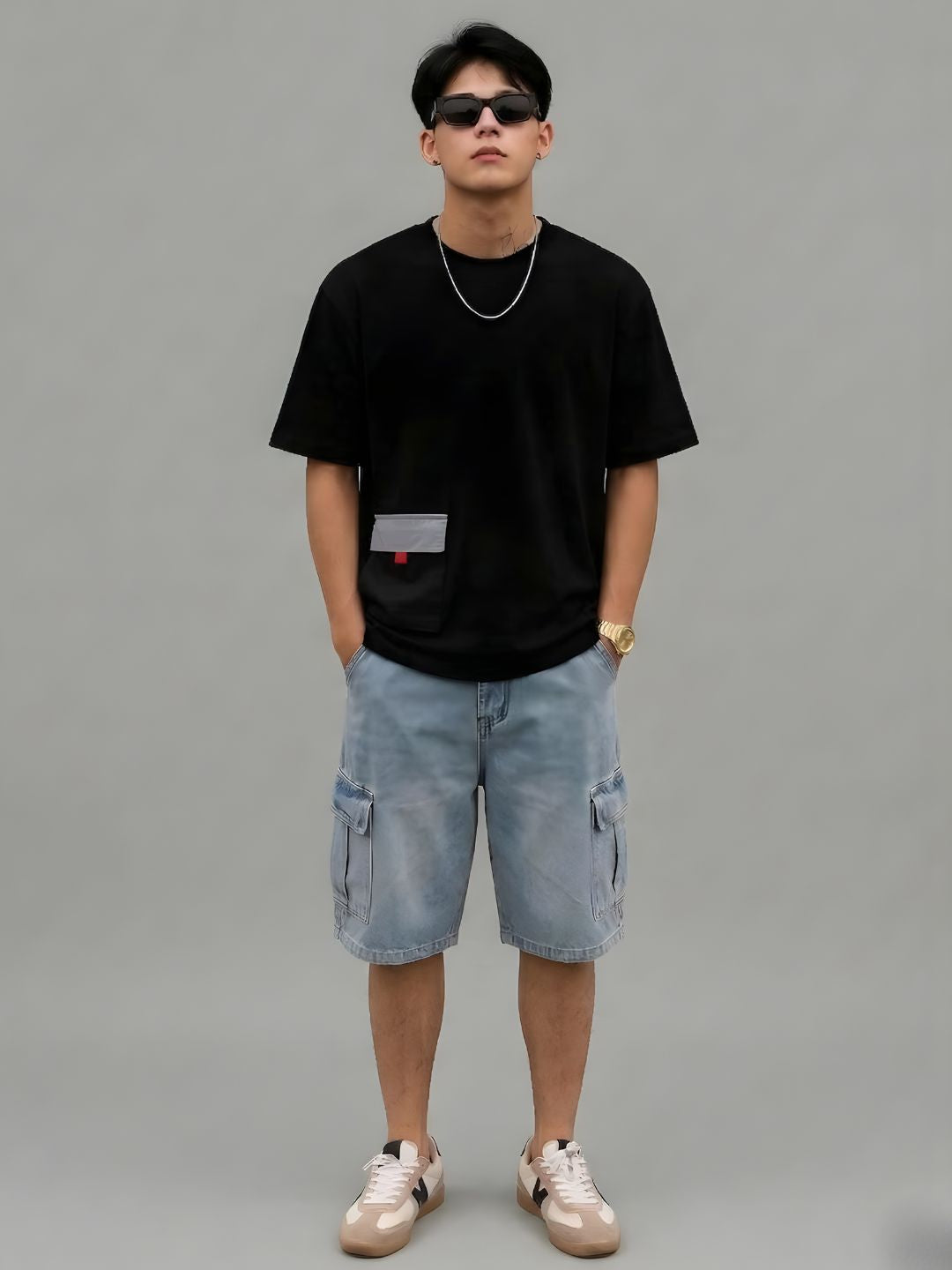 Cargo T-Shirt For Men -Black  -  Kurvy Oversized T-Shirt